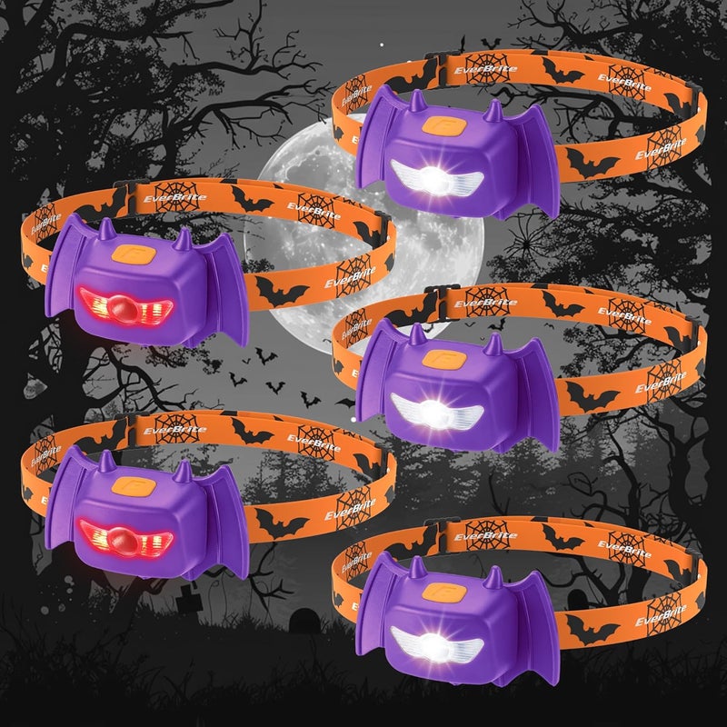 EverBrite Halloween Bat Headlamps Halloween Gifts, 5 Pack Head Lamps with Warm/Red/Strobe 3 Modes, Headlights for Halloween Party and Decorations - Image 1